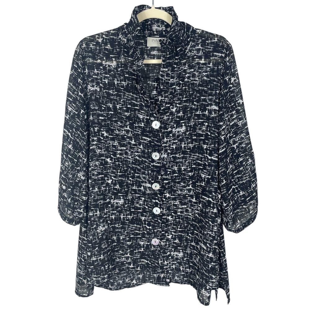 INAE Collection Abstract Print Tunic Top Button Front Flexible Collar Size Small